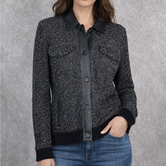 rag & bone Jackets & Blazers - Rag & Bone Black Leather Trim Button Down Knit Shirt Jacket Women's Size M